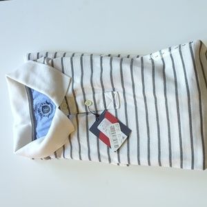 Gray and white striped long sleeve polo shirt